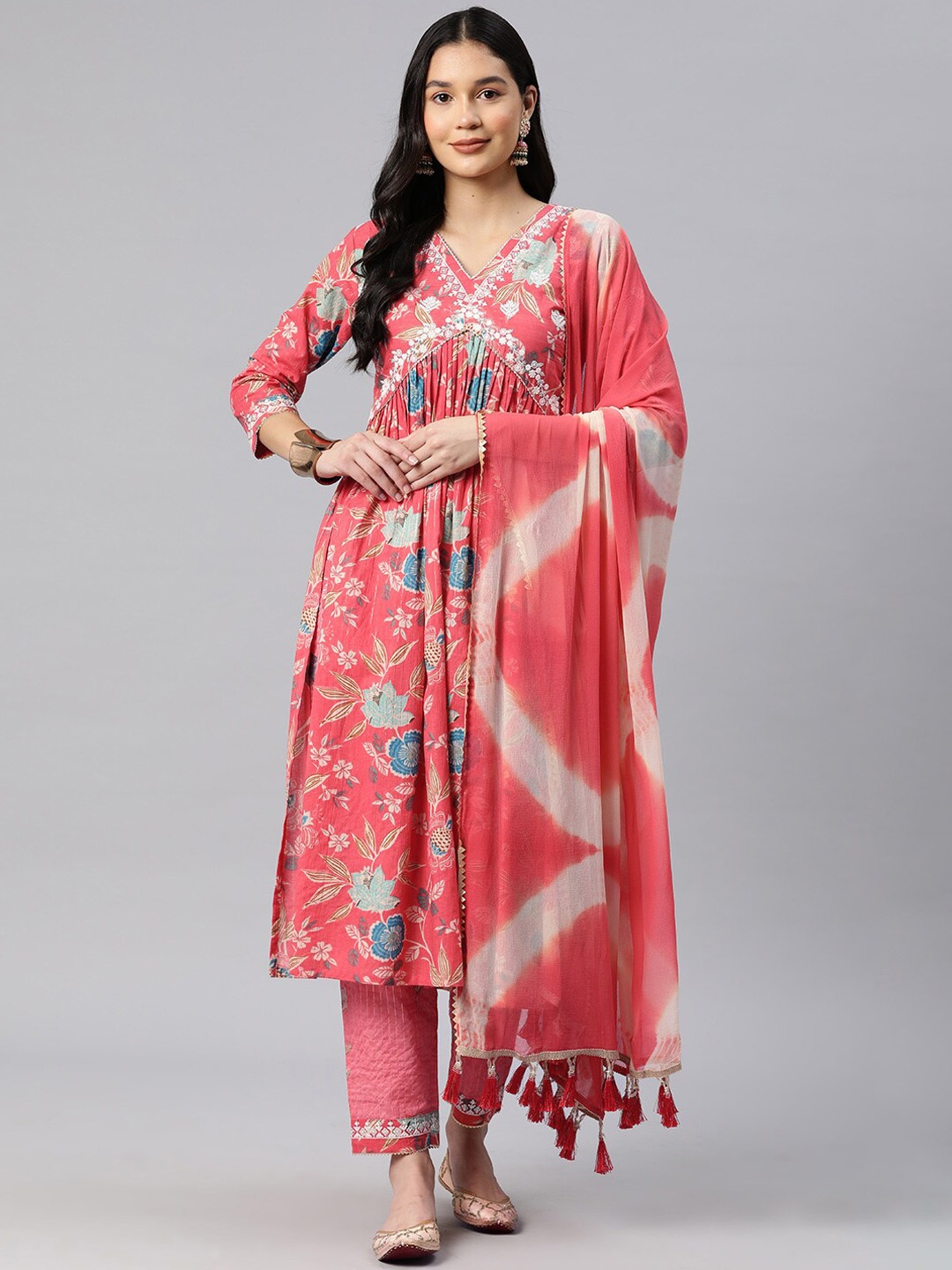 

KAVINDI Floral Printed Empire Thread Work Pure Cotton A-Line Kurta With Trousers & Dupatta, Pink
