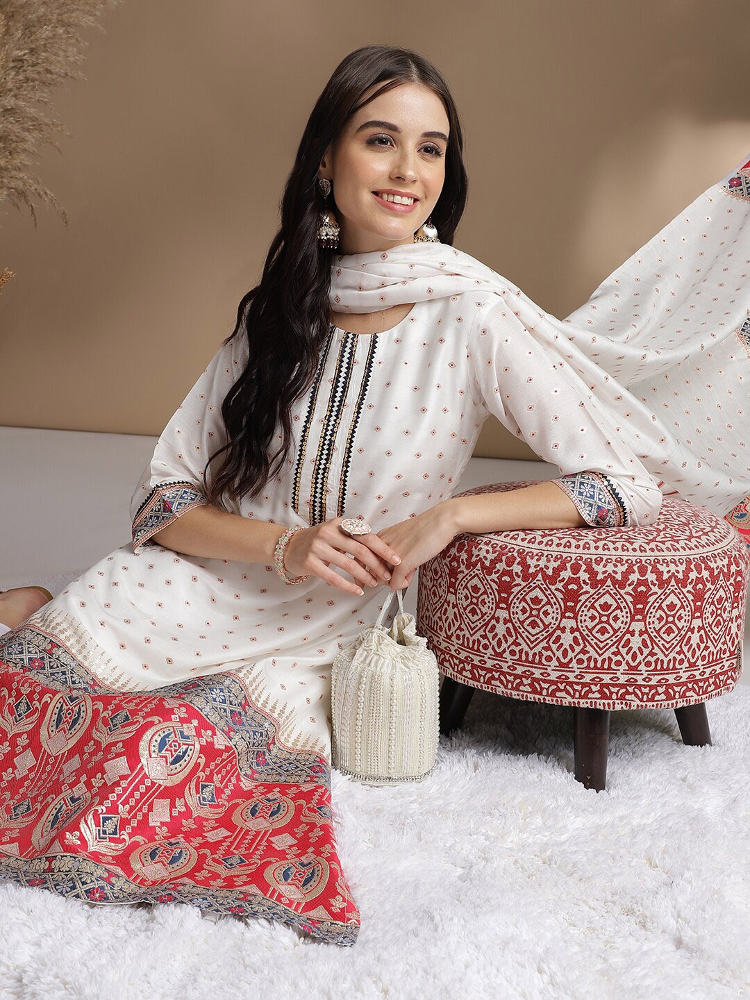 

KAVINDI Floral Woven Design Chanderi Cotton Kurta With Trousers & Dupatta, White