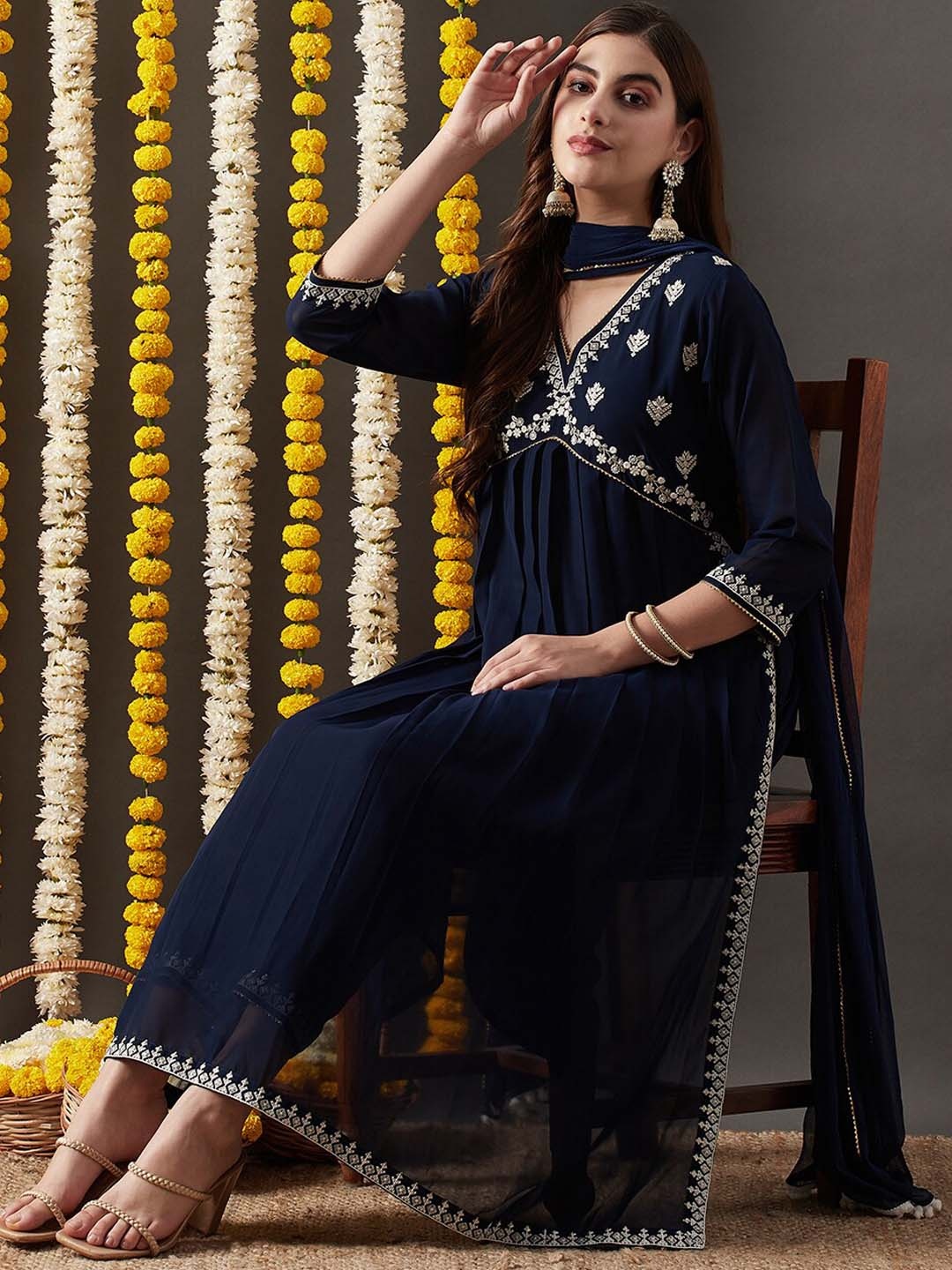 

KAVINDI Ethnic Motifs Embroidered Kurta With Trouser & Dupatta, Navy blue