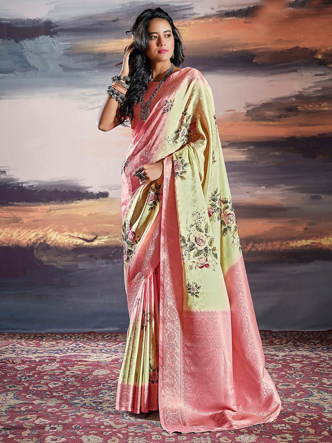 

Mitera Floral Printed Art Silk Banarasi Saree, Cream