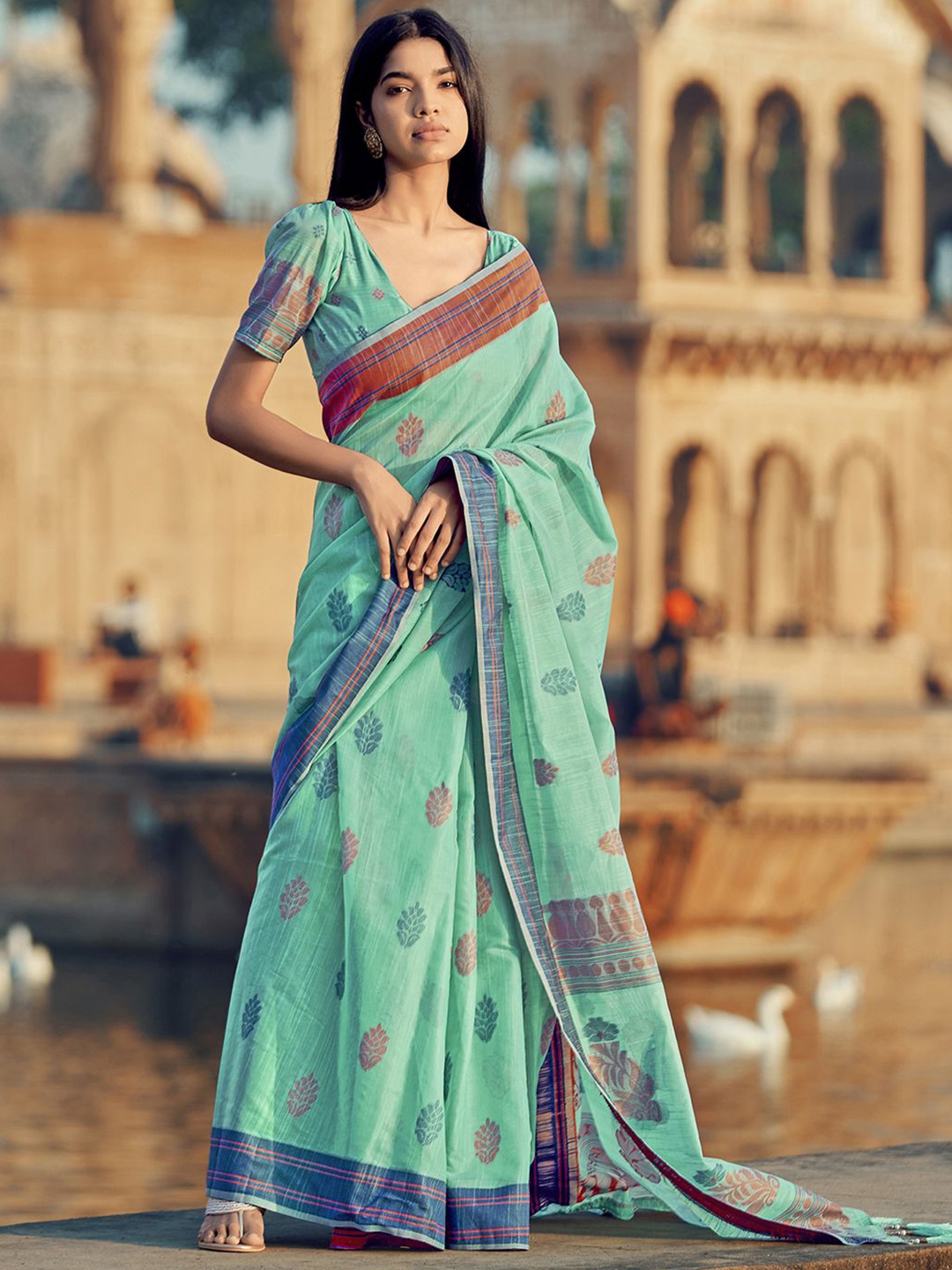 

Mitera Ethnic Motifs Woven Design Silk Cotton Saree, Turquoise blue