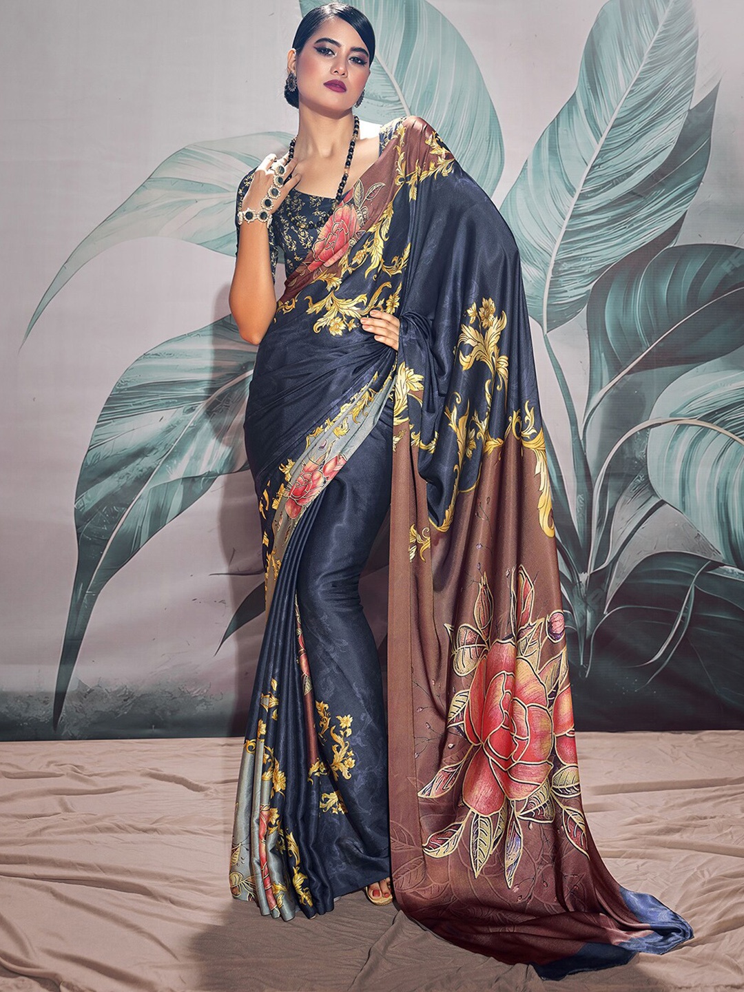 

Mitera Floral Printed Satin Sungudi Saree, Navy blue