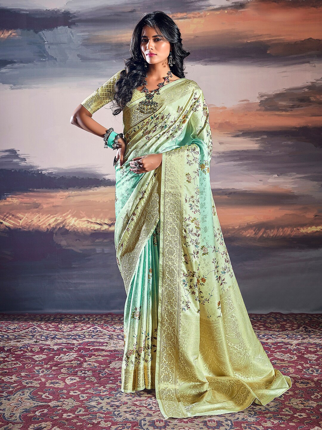 

Mitera Floral Printed Zari Art Silk Banarasi Saree, Cream