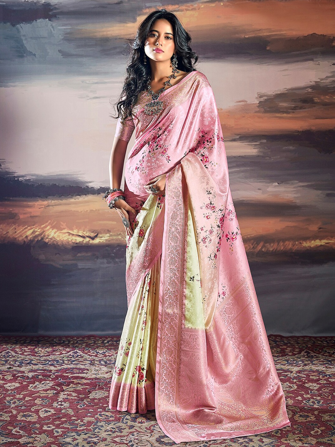 

Mitera Floral Printed Zari Art Silk Banarasi Saree, Cream