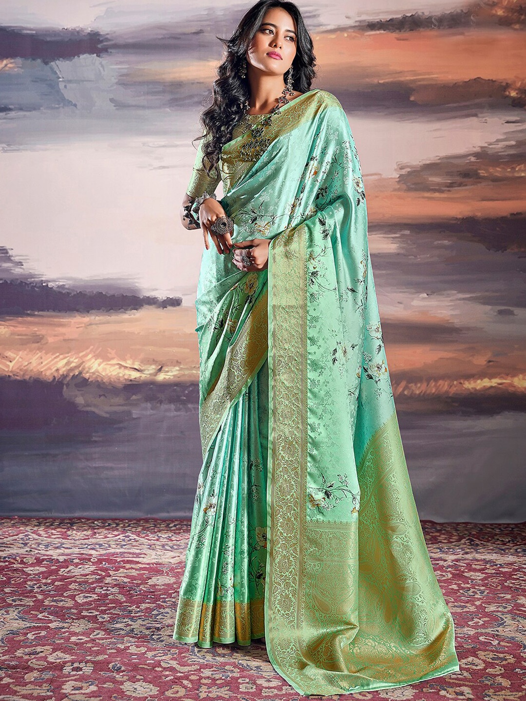 

Mitera Floral Printed Zari Art Silk Banarasi Saree, Turquoise blue