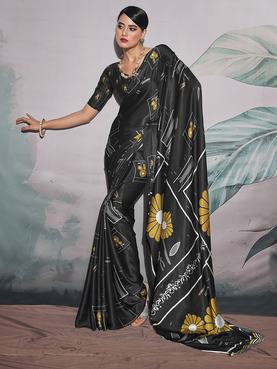 

Mitera Floral Printed Satin Sungudi Saree, Black