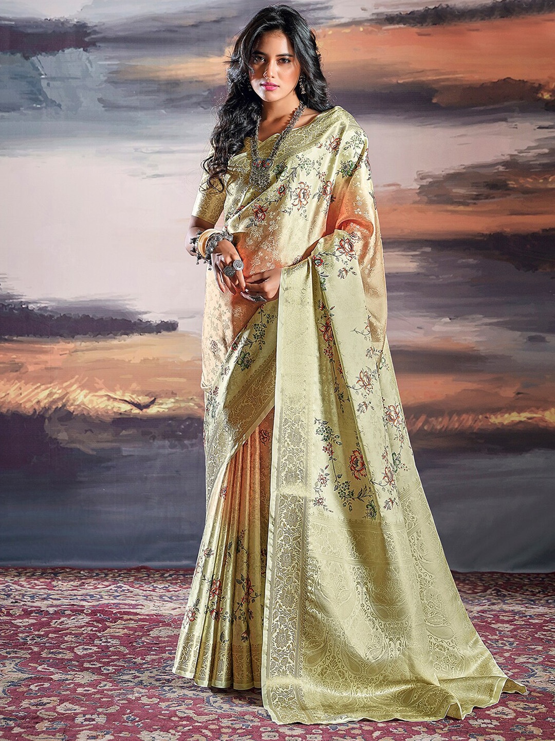 

Mitera Floral Printed Zari Art Silk Banarasi Saree, Beige