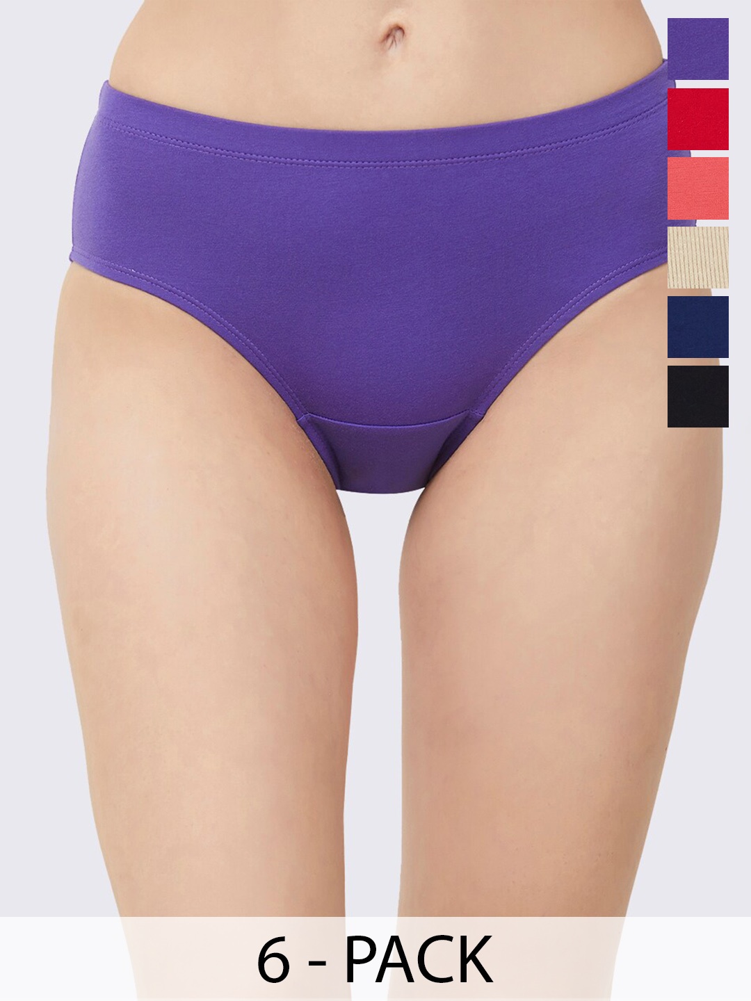 

Soie Pack of 6 Assorted High Rise Full Coverage Cotton Stretch Hipsters