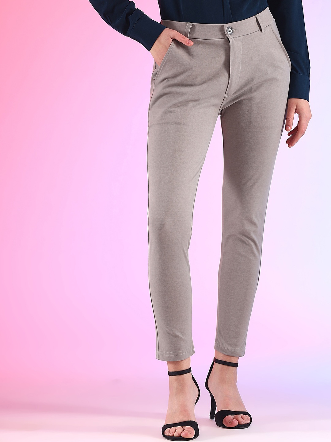 

FITHUB Women Skinny Fit High-Rise Chinos Trousers, Grey