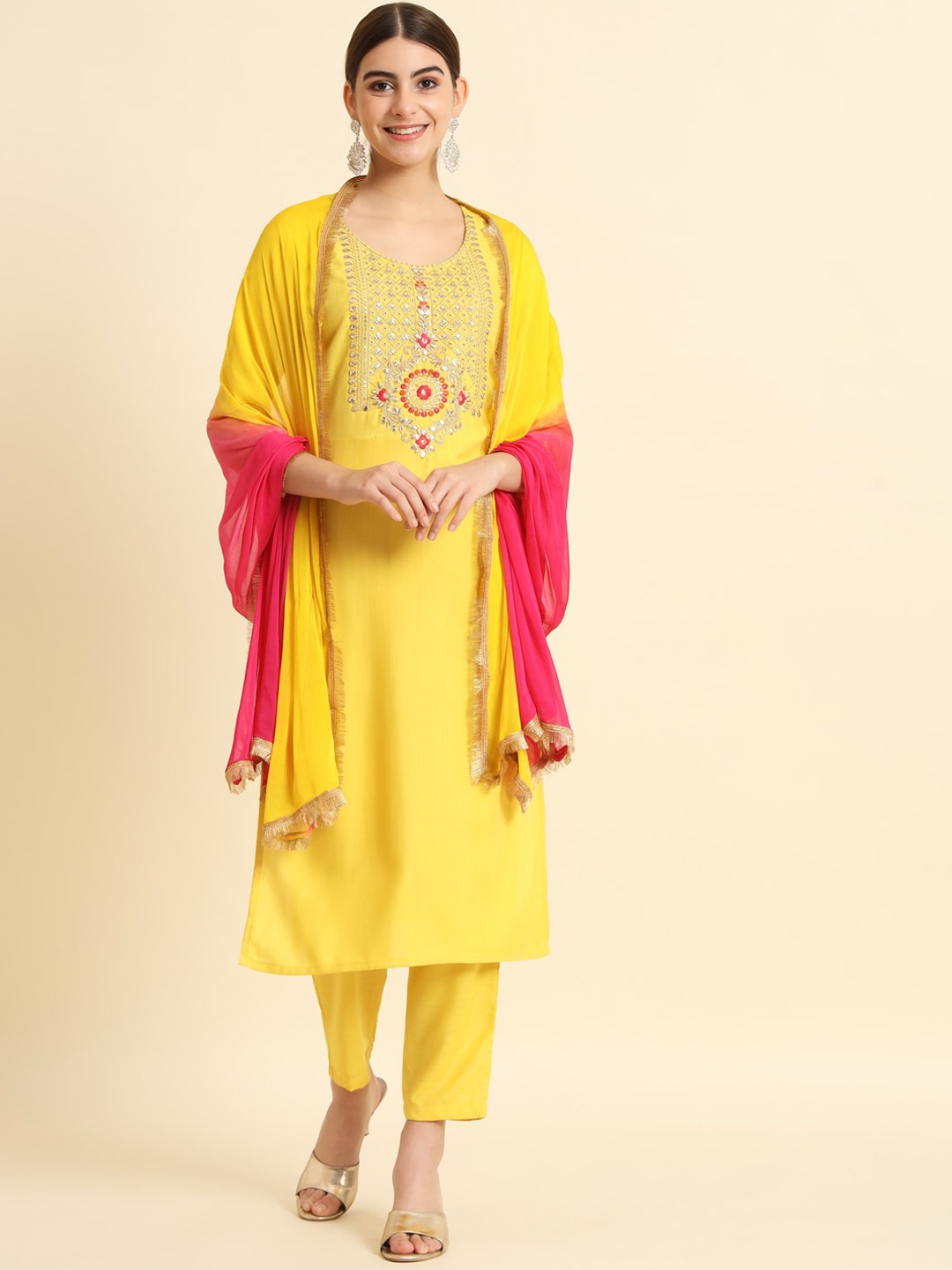 

THE52 Floral Yoke Design Sequinned Kurta With Trousers & Dupatta, Yellow