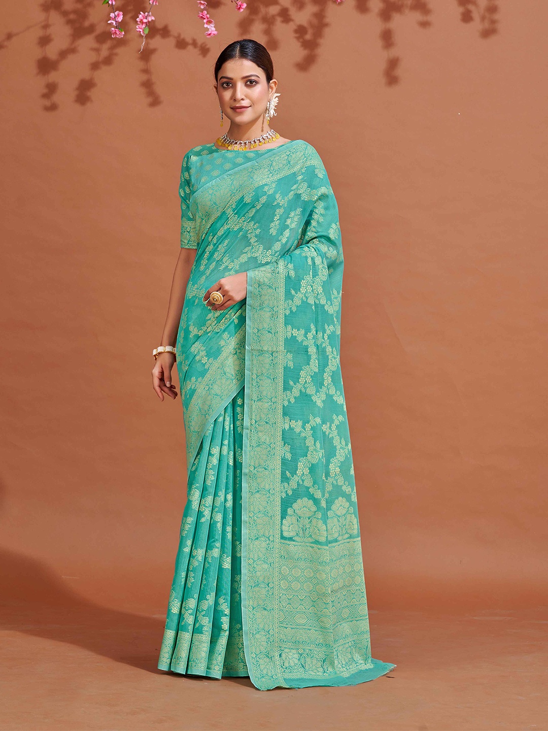 

SWORNOF Floral Woven Design Zari Saree, Turquoise blue