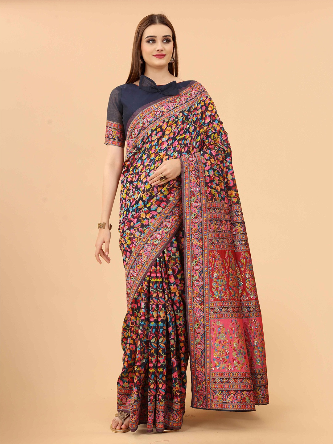 

SWORNOF Floral Woven Design Saree, Blue