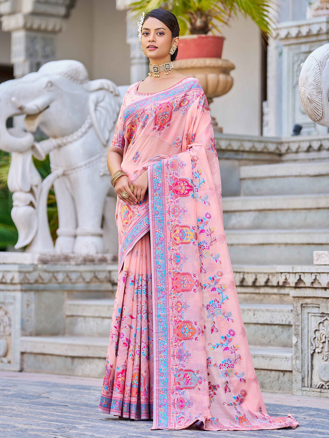 

SWORNOF Floral Woven Design Saree, Peach