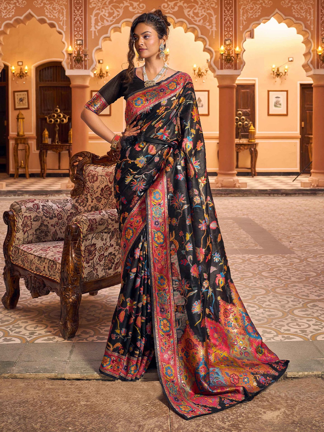 

SWORNOF Floral Woven Design Saree, Black