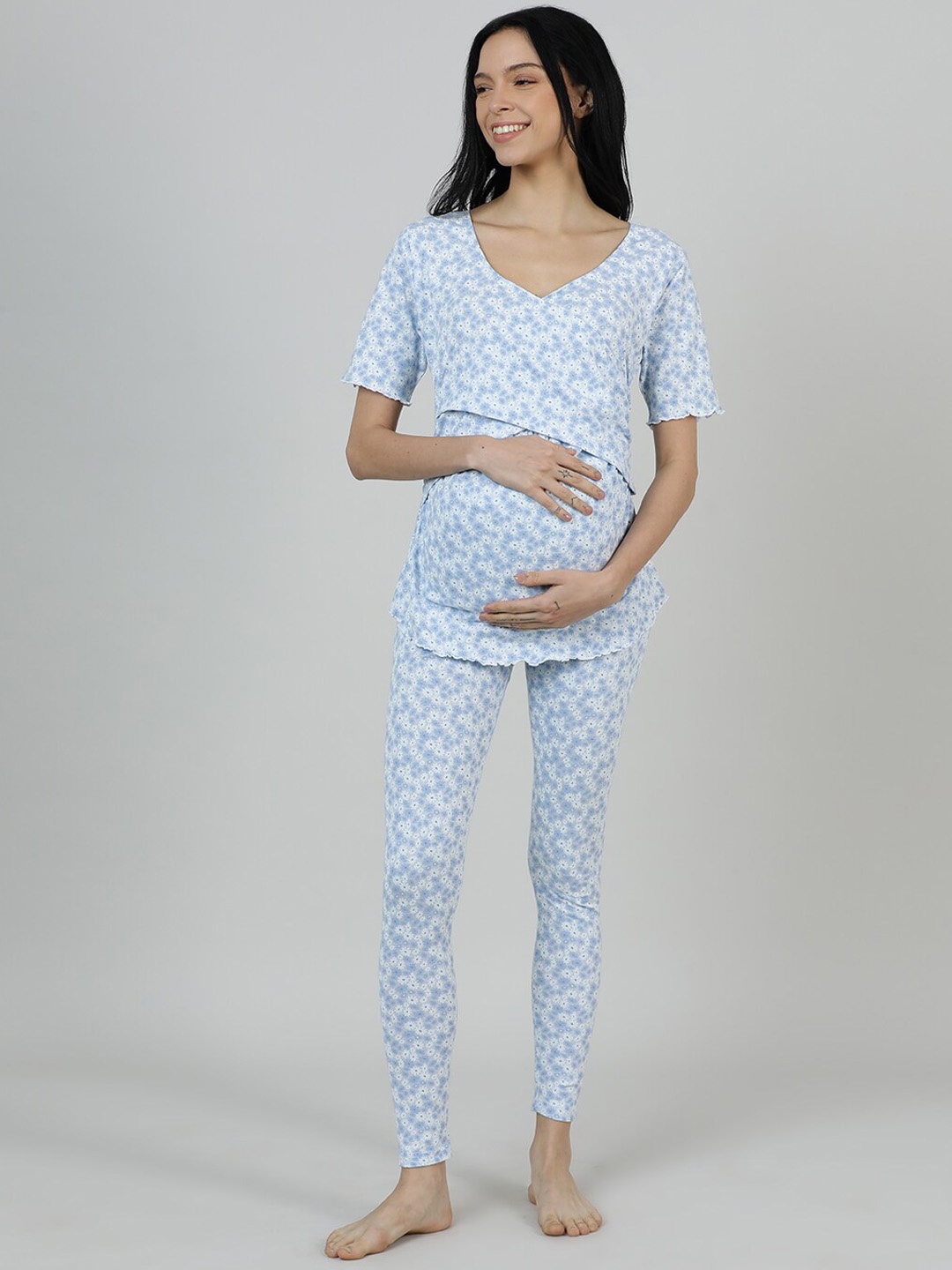 

mackly Floral Printed Pure Cotton Maternity T-shirt With Leggings, Blue