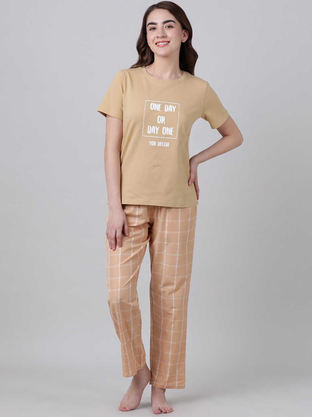 

mackly Printed Pure Cotton T-shirt With Pyjamas, Beige