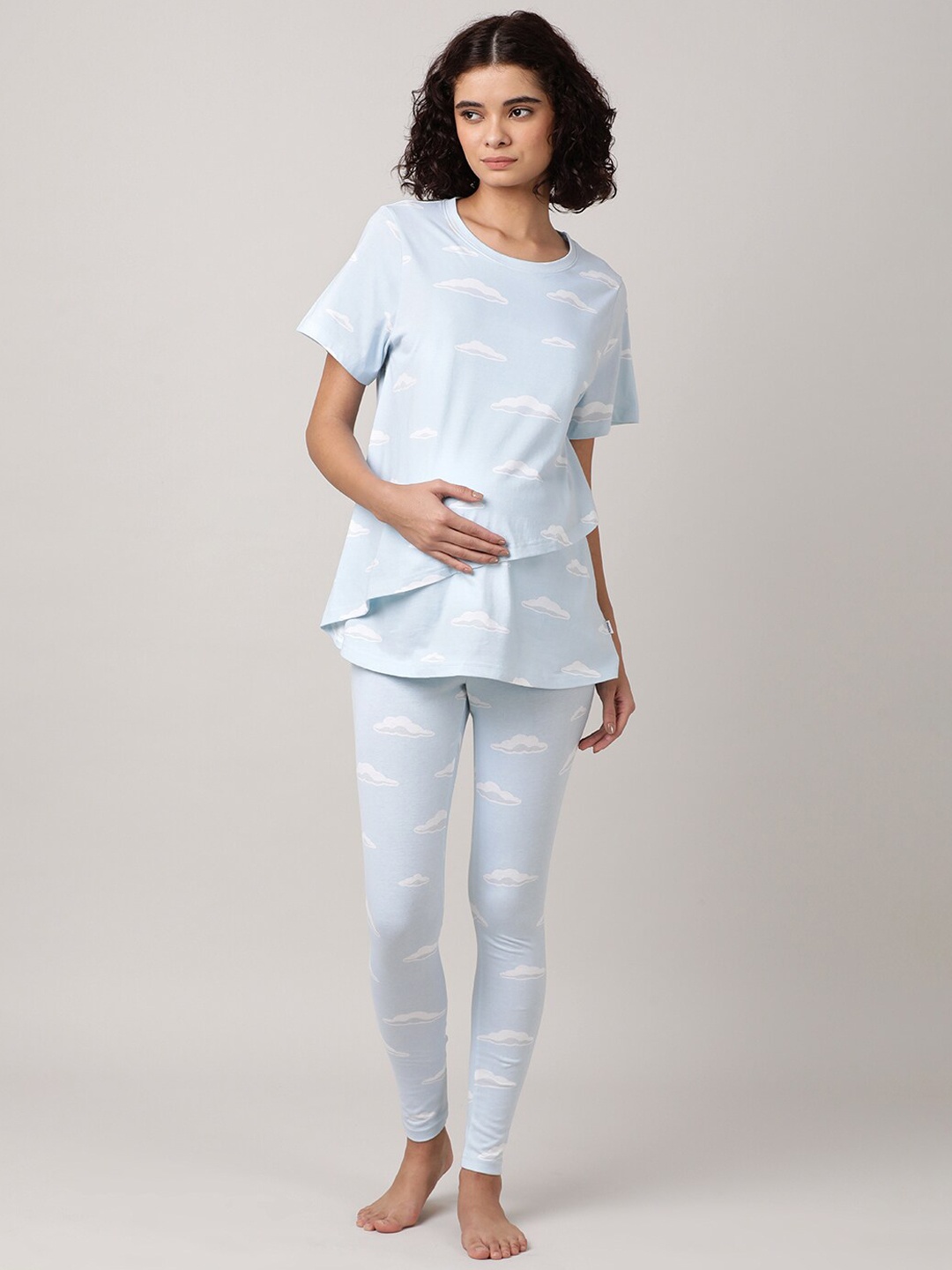 

mackly Printed Pure Cotton Maternity T-shirt With Leggings, Blue