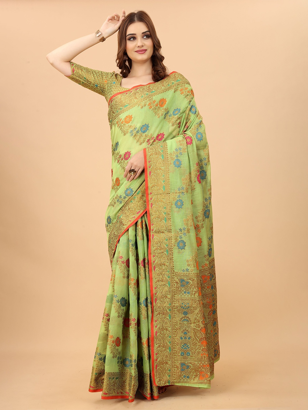 

koram design Ethnic Motifs Woven Design Zari Banarasi Saree, Green