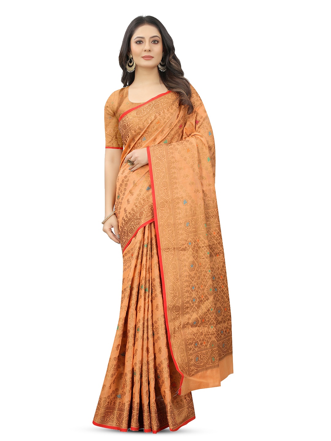 

koram design Ethnic Motifs Woven Design Zari Banarasi Saree, Orange