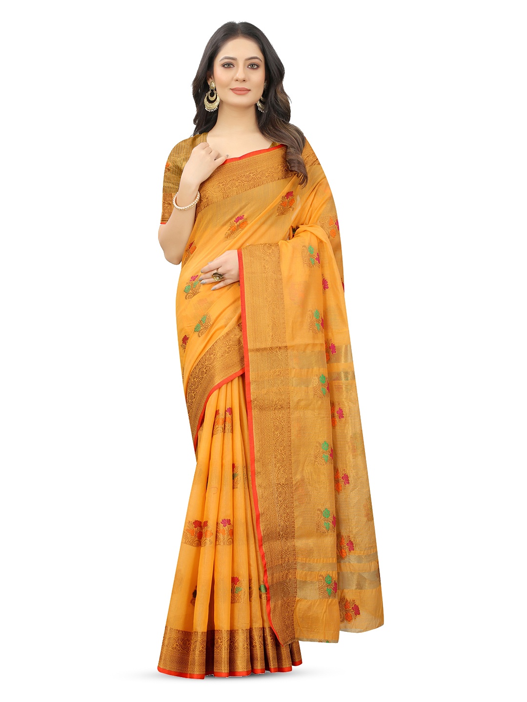 

koram design Floral Woven Design Zari Chanderi Saree, Yellow