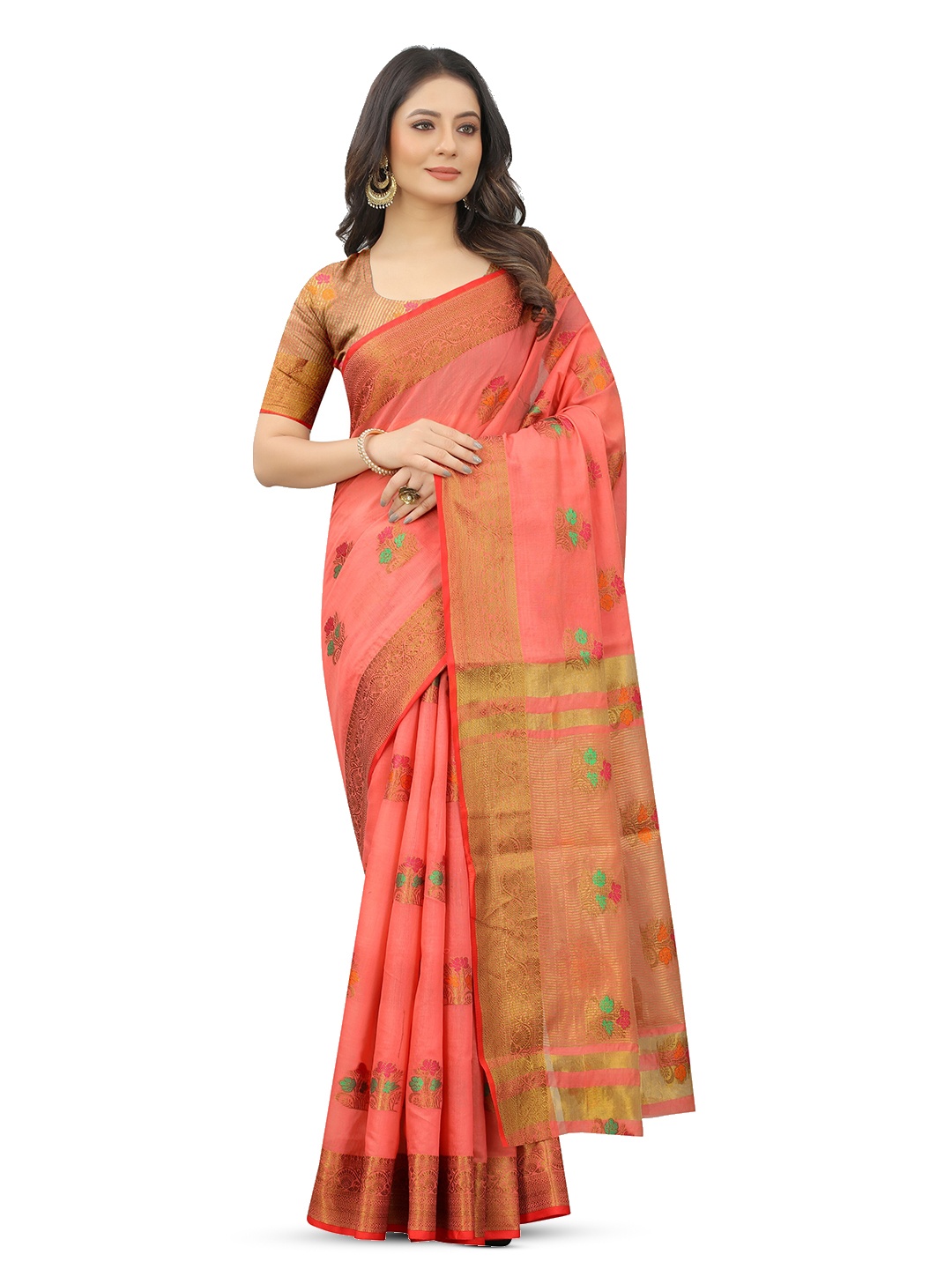 

koram design Floral Woven Design Zari Chanderi Saree, Pink