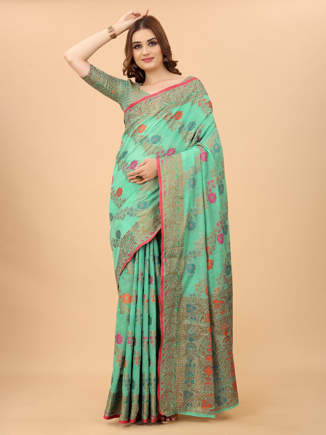 

koram design Ethnic Motifs Woven Design Zari Banarasi Saree, Teal