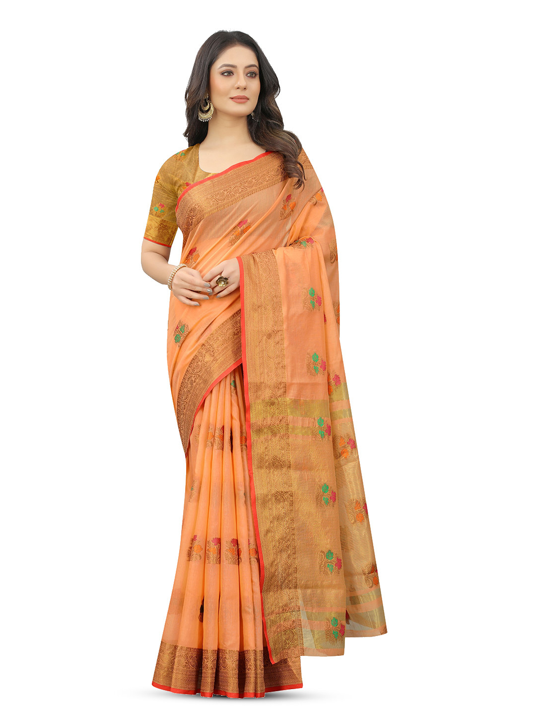 

koram design Ethnic Motifs Woven Design Zari Banarasi Saree, Orange