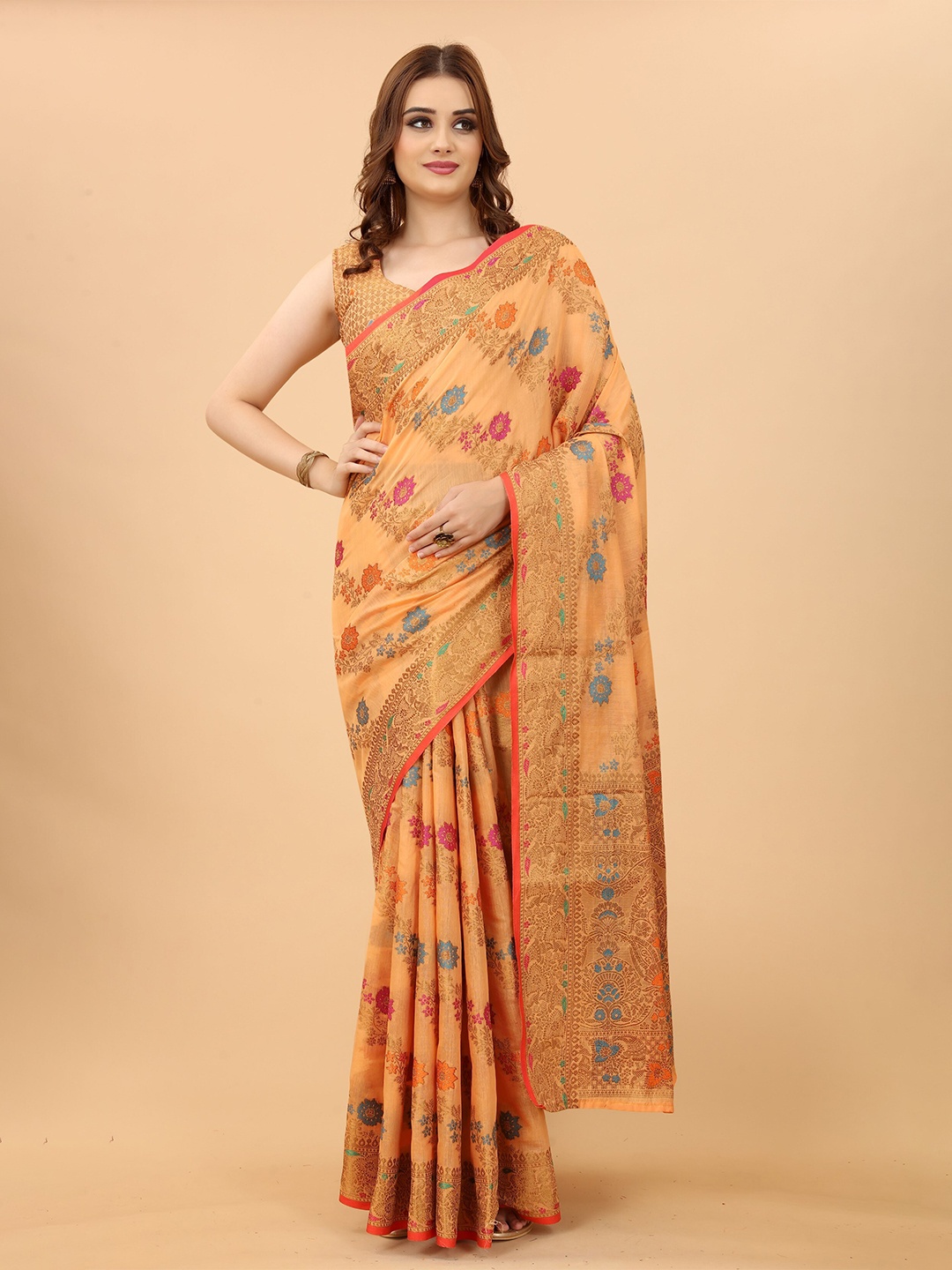 

koram design Floral Woven Design Zari Banarasi Saree, Orange