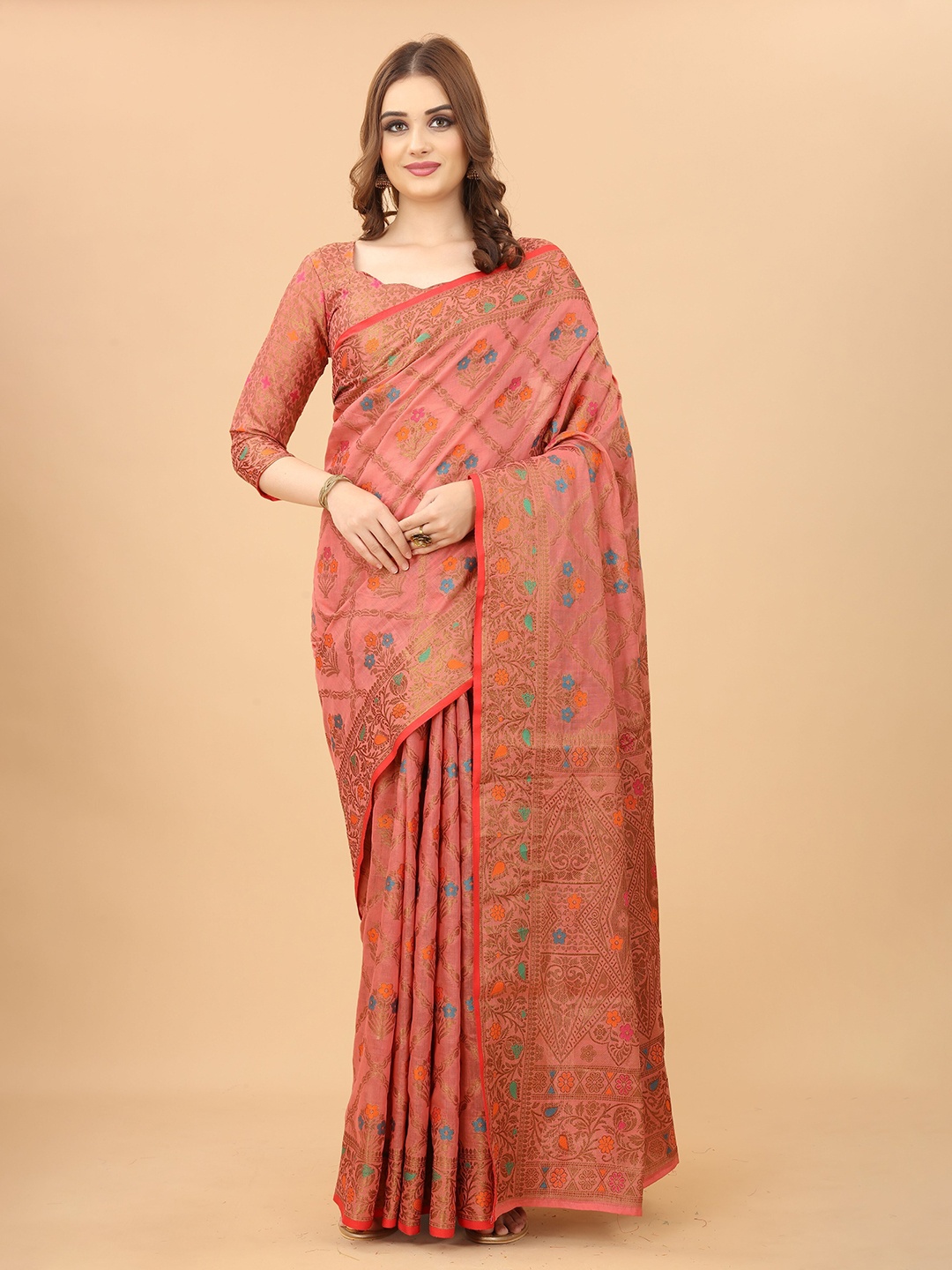 koram design Ethnic Motifs Woven Design Zari Cotton Blend Banarasi Saree, Pink