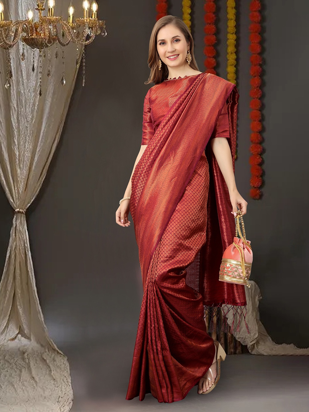 

koram design Ethnic Motifs Woven Design Zari Banarasi Saree, Red