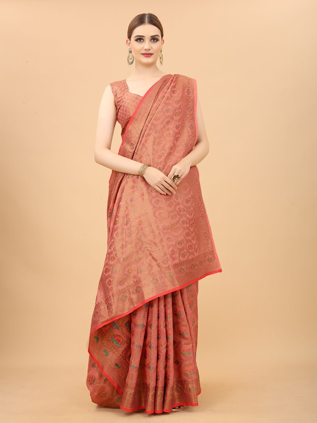 

koram design Ethnic Motifs Woven Design Zari Banarasi Saree, Pink