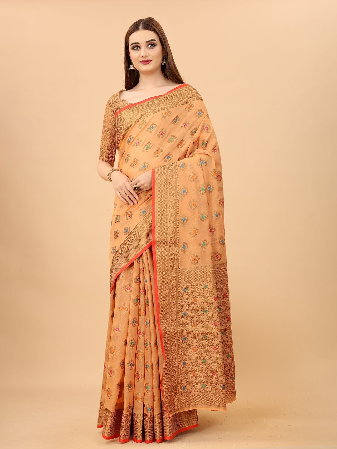 

koram design Ethnic Motifs Woven Design Zari Banarasi Saree, Orange