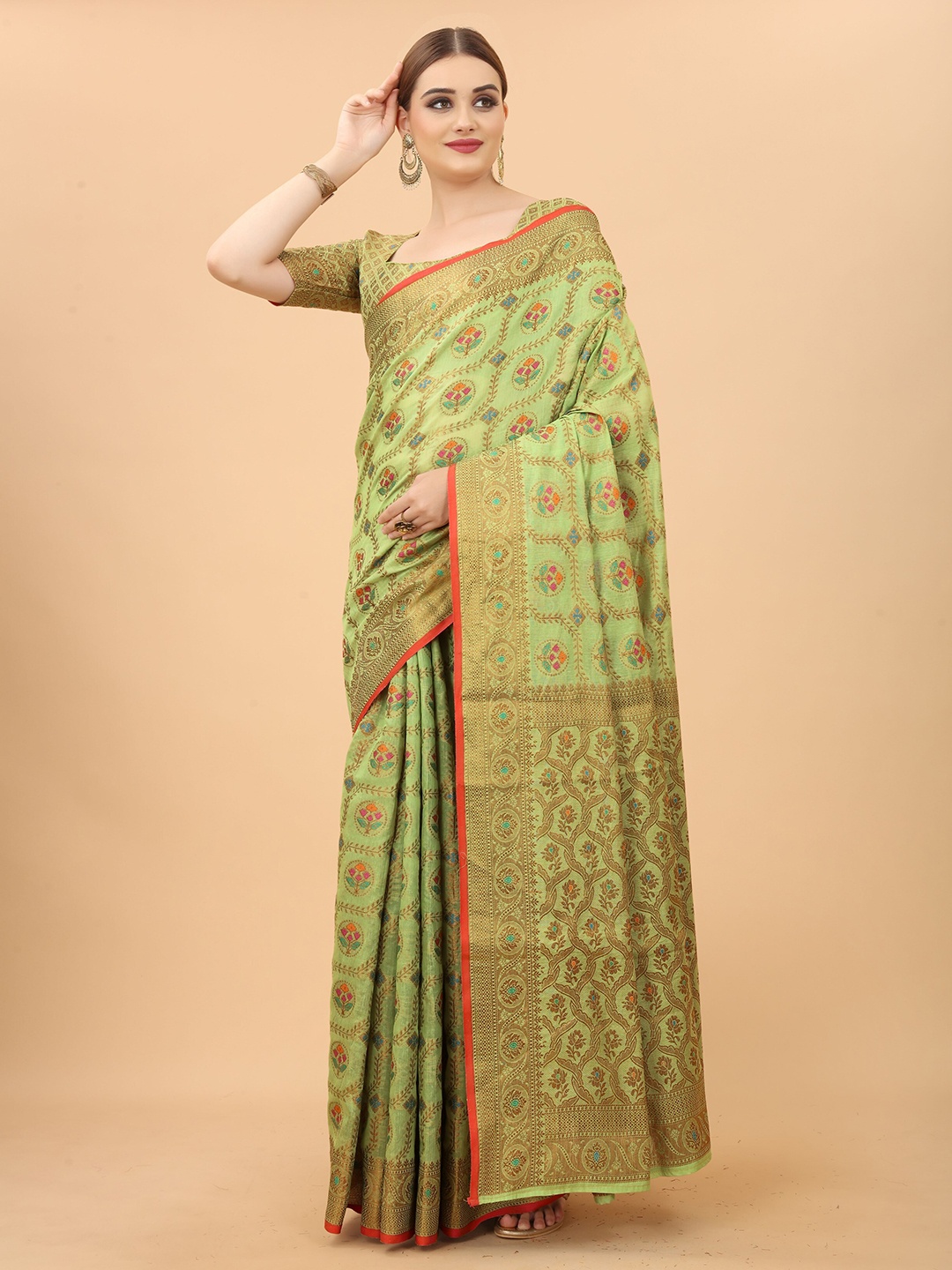 

koram design Ethnic Motifs Woven Design Cotton Linen Zari Banarasi Saree, Green