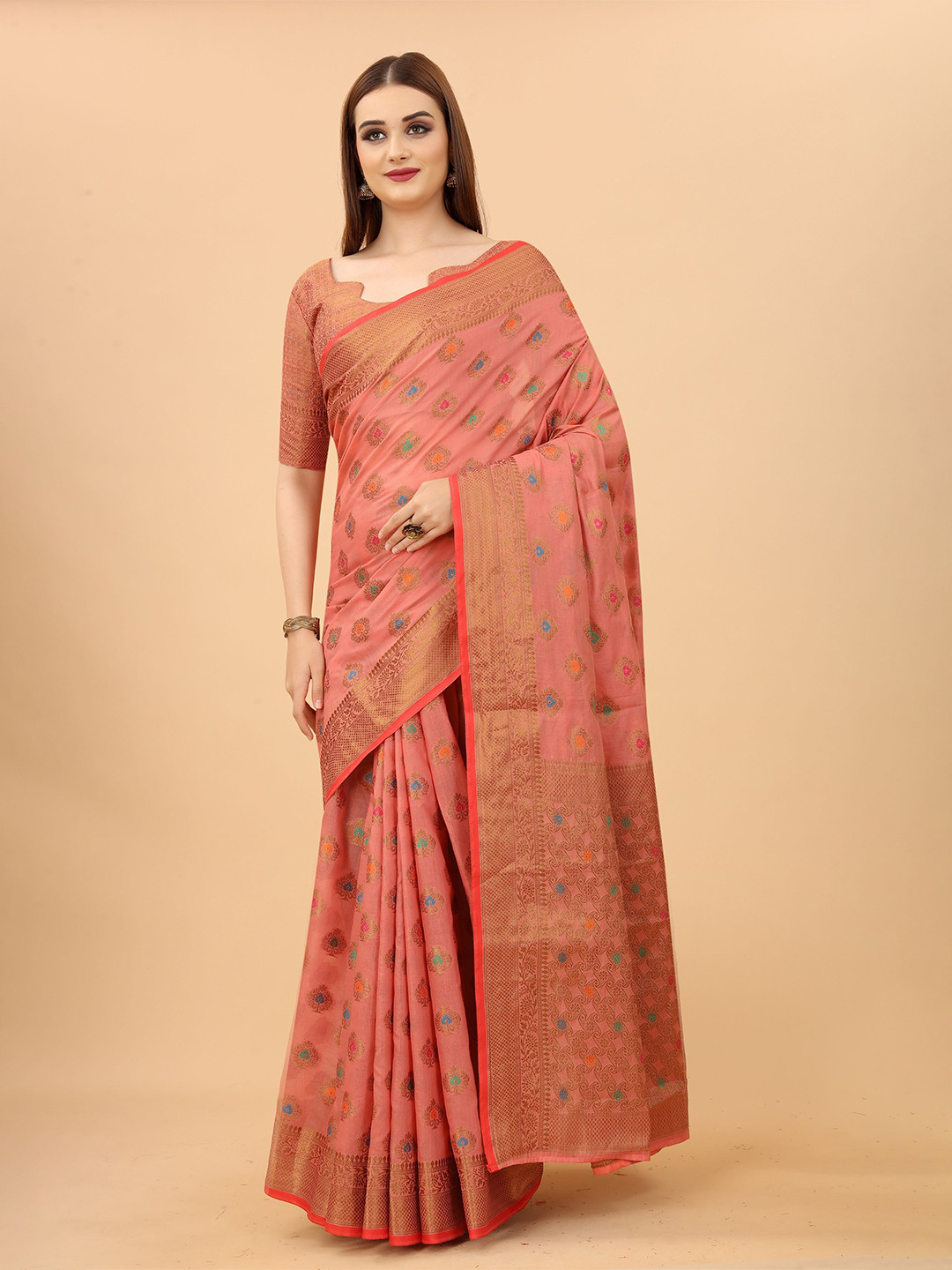 

koram design Ethnic Motifs Woven Design Zari Banarasi Saree, Pink