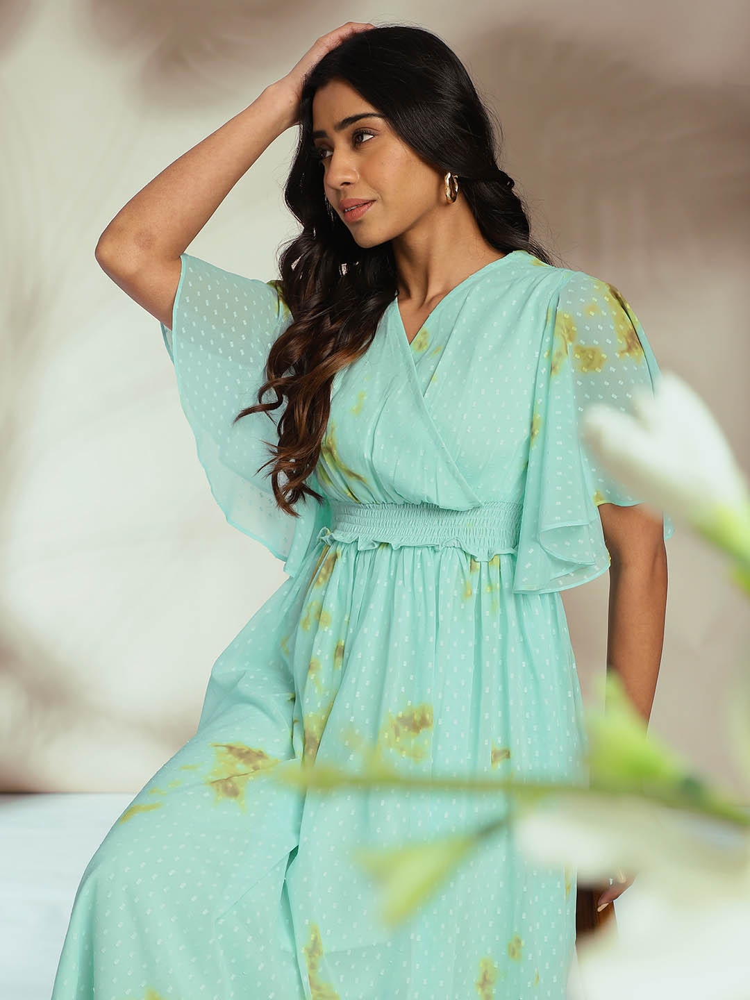 

Janasya Dobby Georgette Tie-Dye Fit & Flare Dress, Sea green