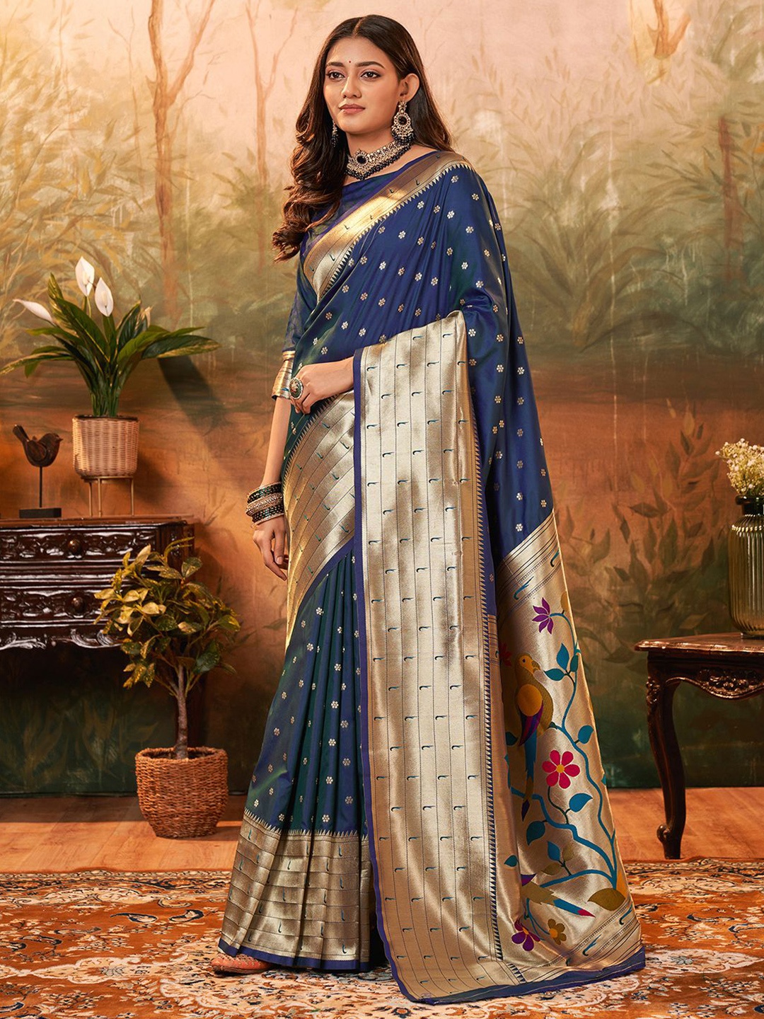 

Satrani Ethnic Motifs Woven Design Zari Paithani Saree, Navy blue