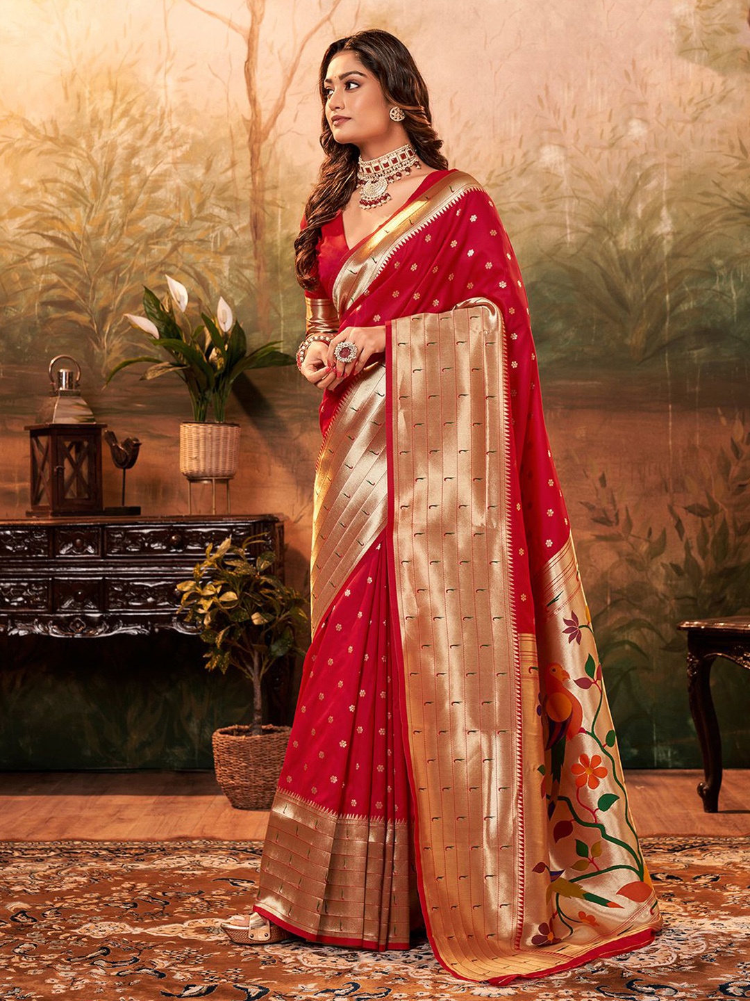

Satrani Ethnic Motifs Woven Design Zari Paithani Saree, Red