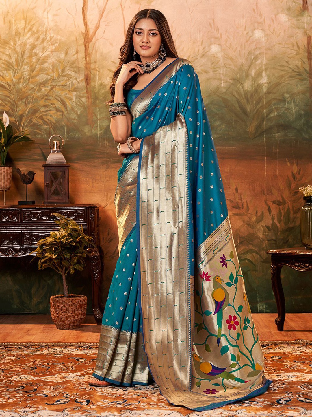 

Satrani Ethnic Motifs Woven Design Zari Paithani Saree, Blue