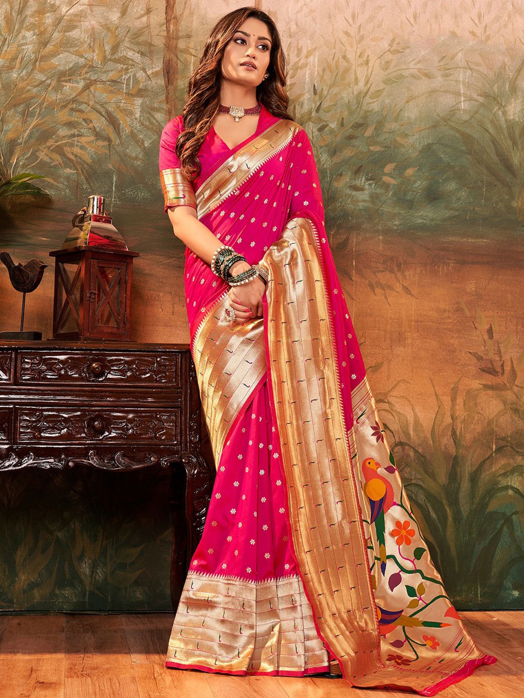 

Satrani Ethnic Motifs Woven Design Zari Paithani Saree, Pink
