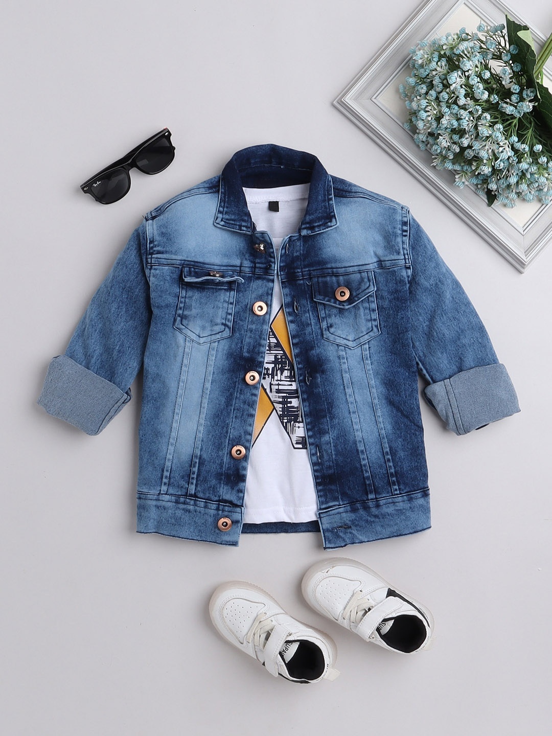 

Ministitch Boys Washed Denim Jacket with Embroidered, Blue