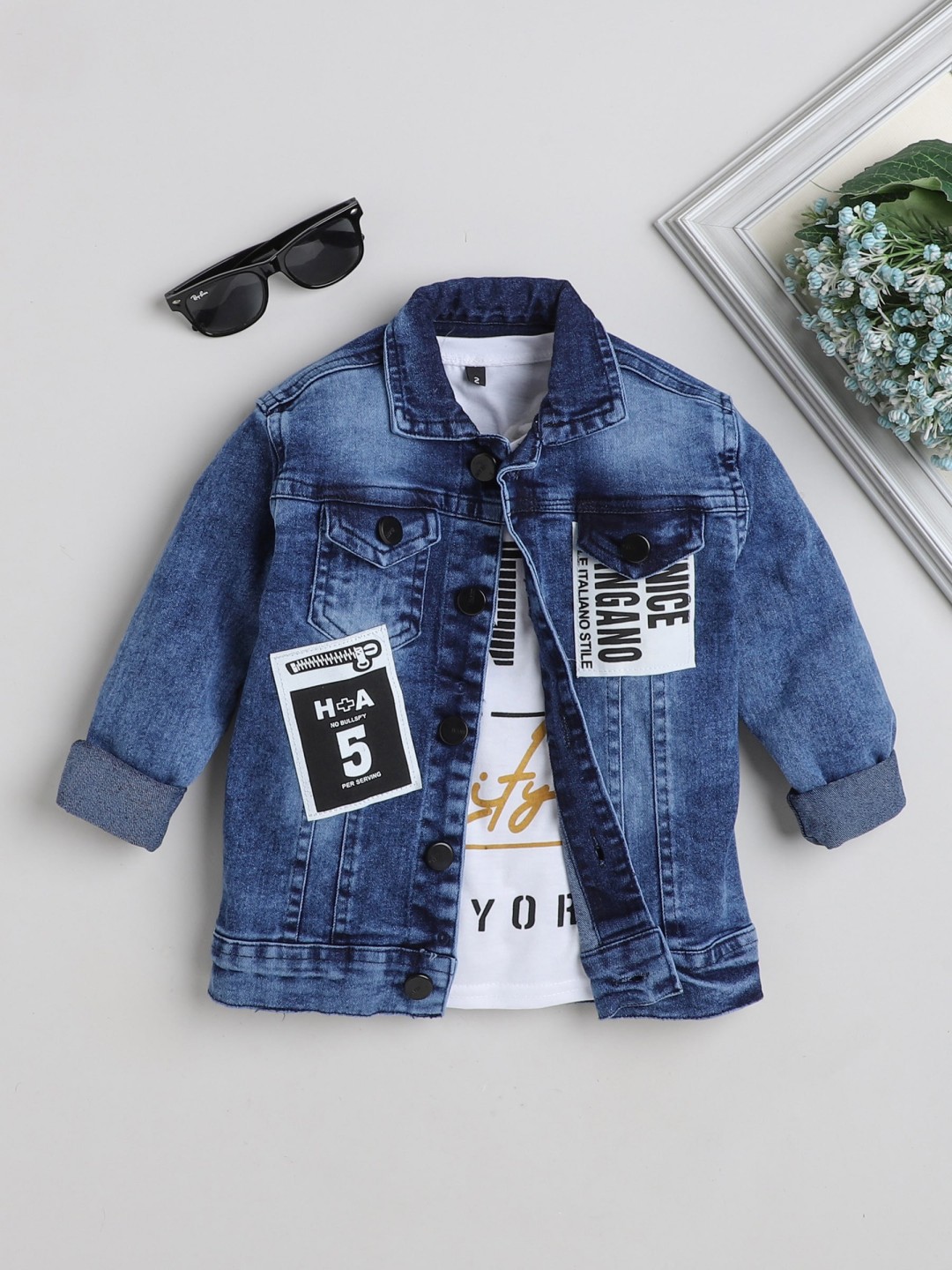 

Ministitch Boys Washed Crop Denim Jacket with Patchwork, Blue