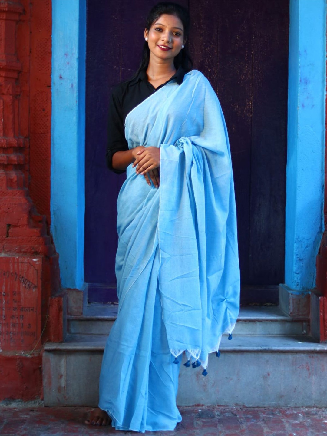 

ODETTE Cotton Blend Festive Saree, Sea green