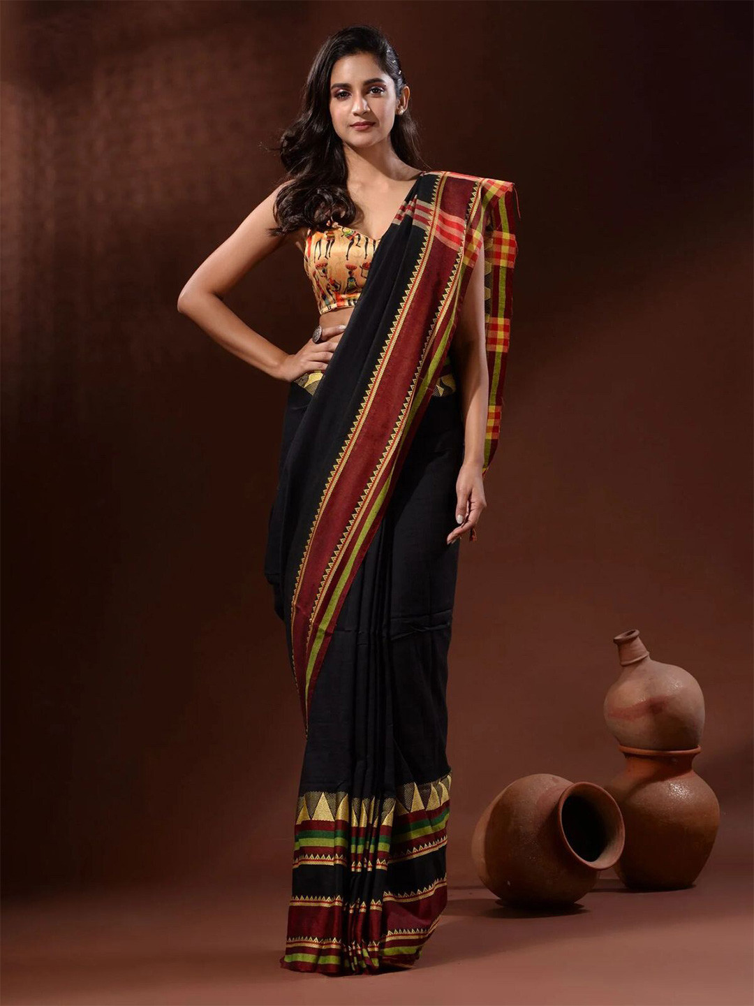 

ODETTE Woven Design Saree, Black