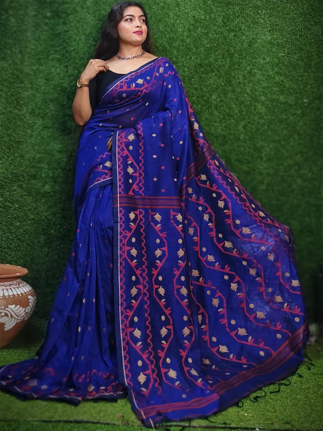 

ODETTE Ethnic Motifs Woven Design Jamdani Saree, Blue