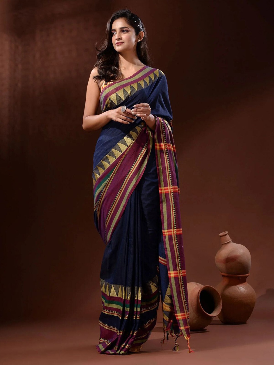 

ODETTE Ethnic Motifs Woven Design Saree, Navy blue