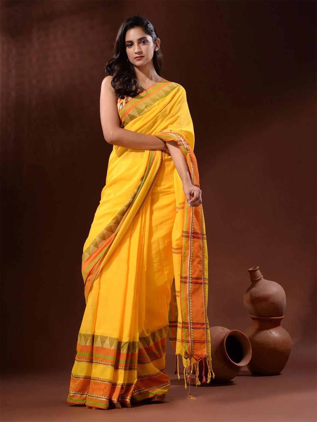 

ODETTE Woven Design Border Saree, Yellow