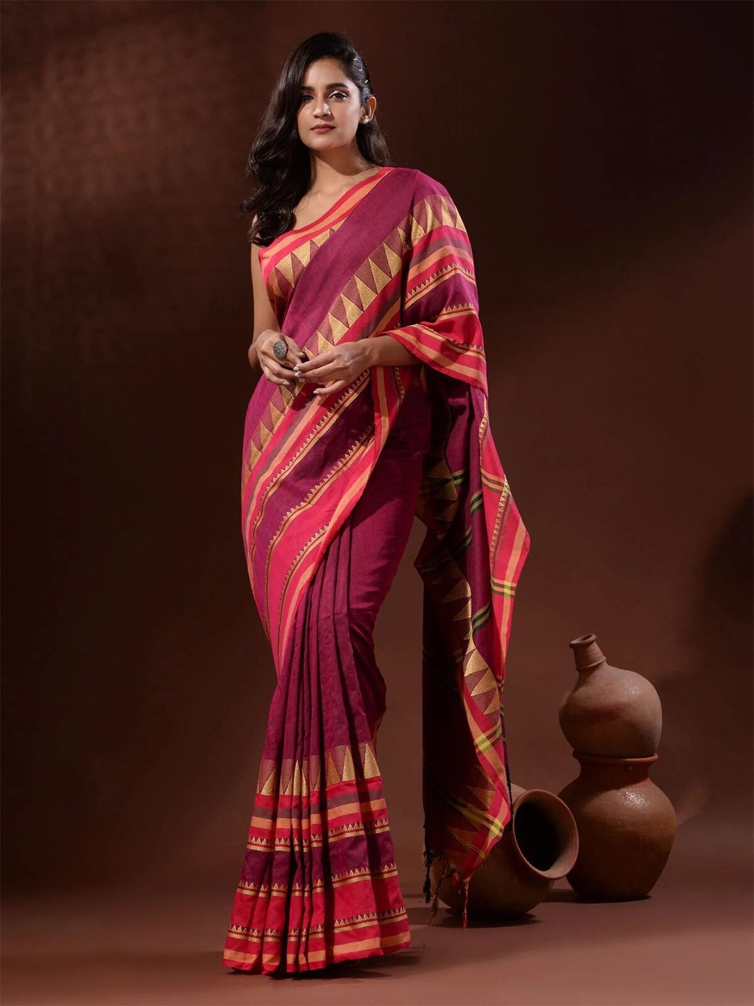 

ODETTE Ethnic Motifs Woven Design Saree, Pink