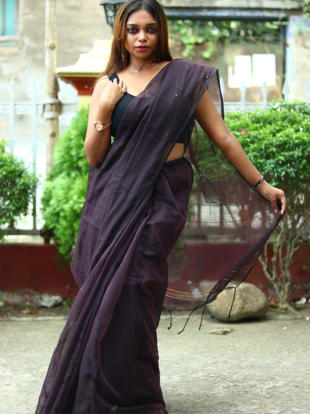 

ODETTE Sequin Embellished Saree, Black