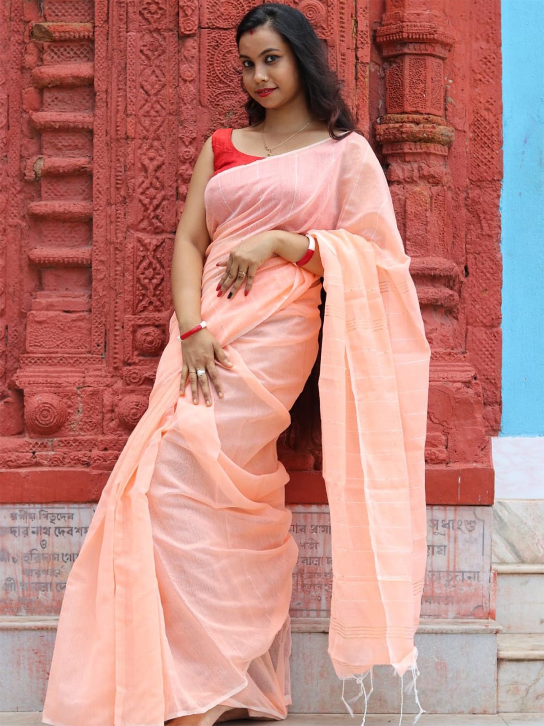 

ODETTE Embellished Sequinned Saree, Peach