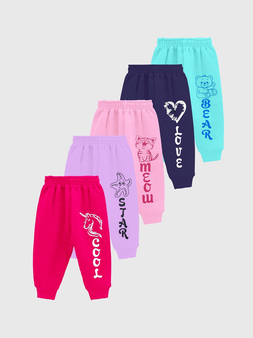 

KUCHIPOO Girls Pack Of 5 Typography Printed Joggers, Pink